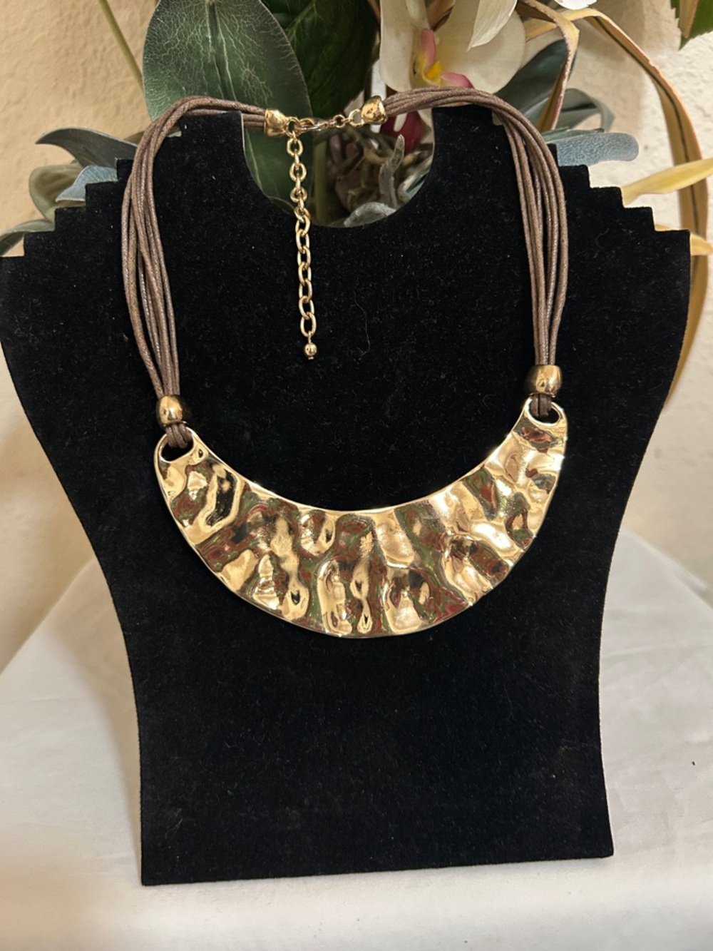 Gold Statement Collar Necklace with Brown Cord